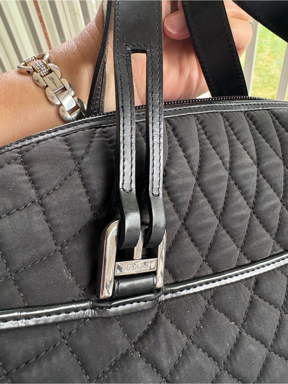 VINTAGE BALLY Black Quilted Nylon Satchel Top Handle Shoulder Bag Leather Trim - Picture 13 of 16